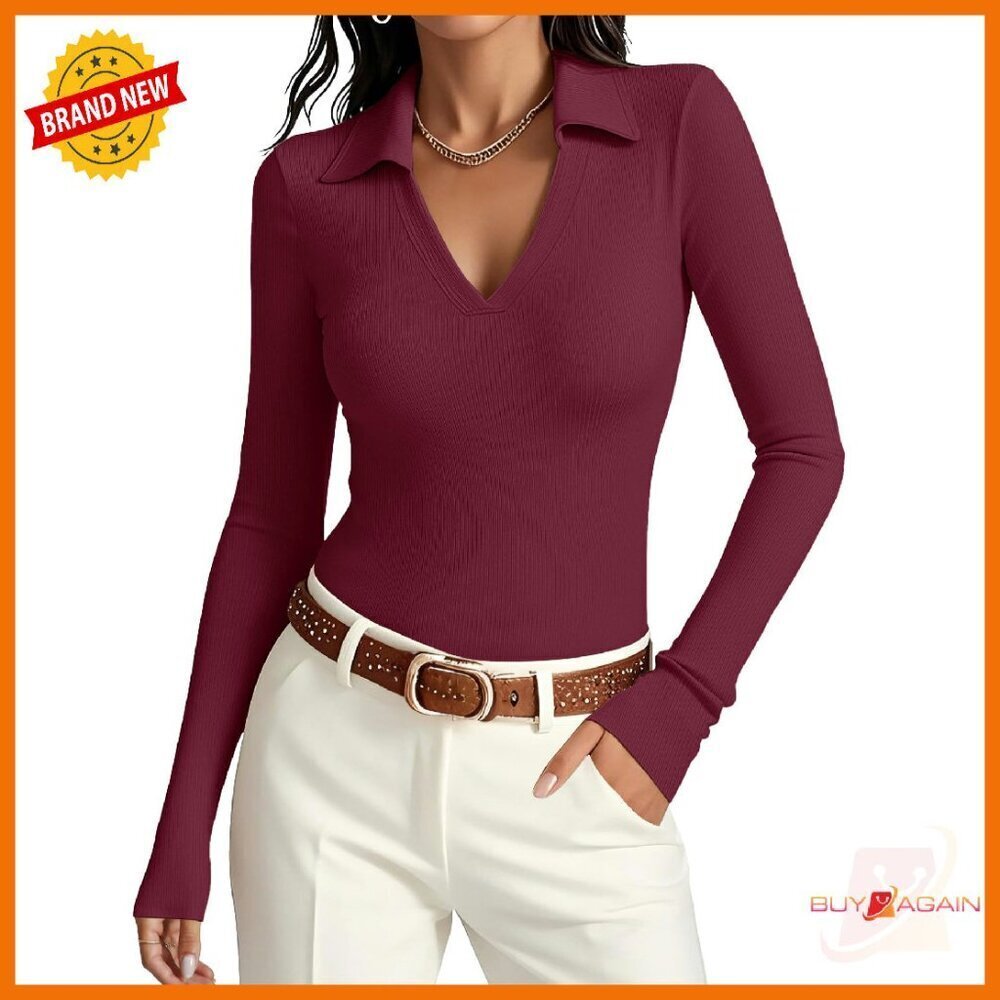 Slim Fit Long Sleeve V-Neck Polo Shirt Business Casual Work Top
